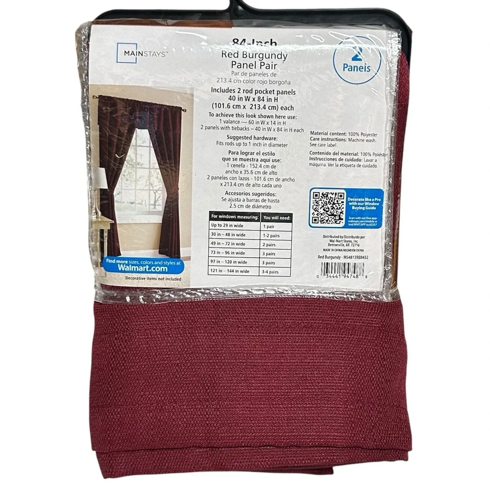 Mainstays Red Burgundy Panel Pair Rod Pocket with Tiebacks 40